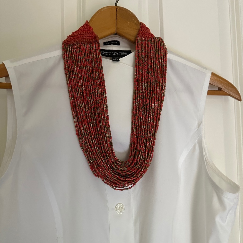 Bead necklace, coral and gold color seed beads